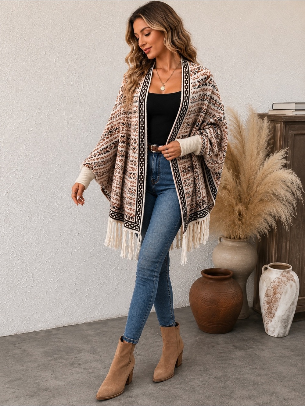 Cream Brown Fair Isle Fringe Cardigan Poncho Sweater L NEW